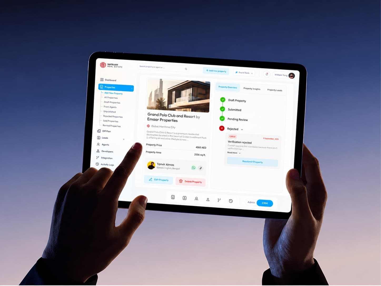 Mateluxy CRM property listings in a device mockup