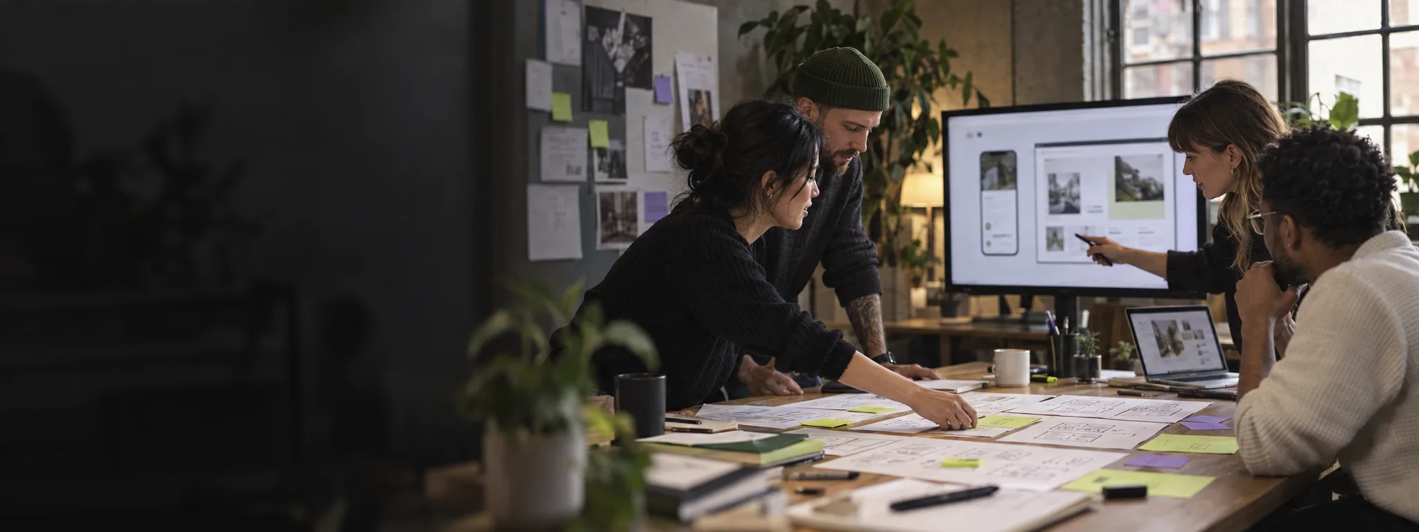 Product design team reviewing user flows and interface prototypes in a workshop